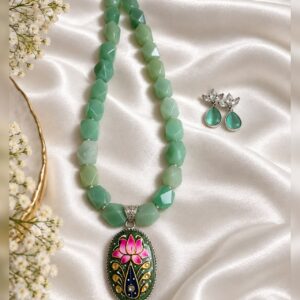 Agates with handpainted stone pendant along with stone earrings